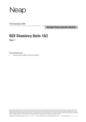 QCE Chemistry Units 1&2 Trial Examination booklet by Neap, dated 2024, showing Multiple Choice Question Booklet for Paper 1.