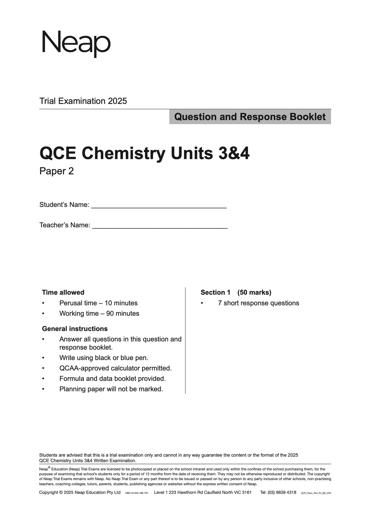 QCE Chemistry Units 3&4 Trial Exam Paper 2 by Neap, a white question and response booklet front page for 2025.