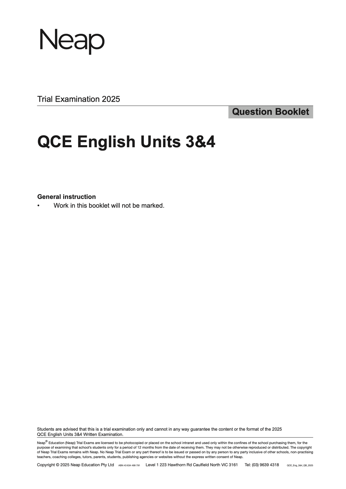 QCE English Units 3&4 Trial Examination Booklet by Neap, white with "Trial Examination 2025" and a gray "Question Booklet" box.