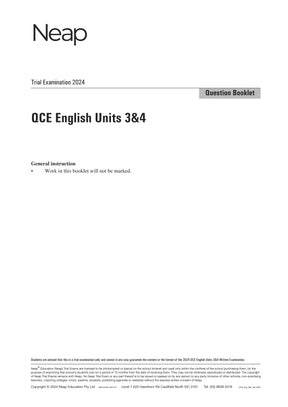 QCE English Units 3&4 Trial Exam Question Booklet by Neap, featuring the 2024 examination details and general instructions.