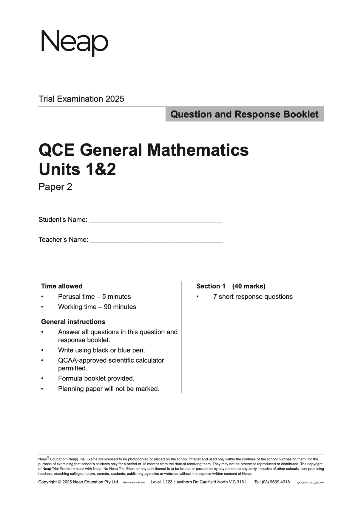 QCE General Mathematics Units 1&2 Trial Exam paper by Neap, featuring black text on a white page titled "Question and Response Booklet".