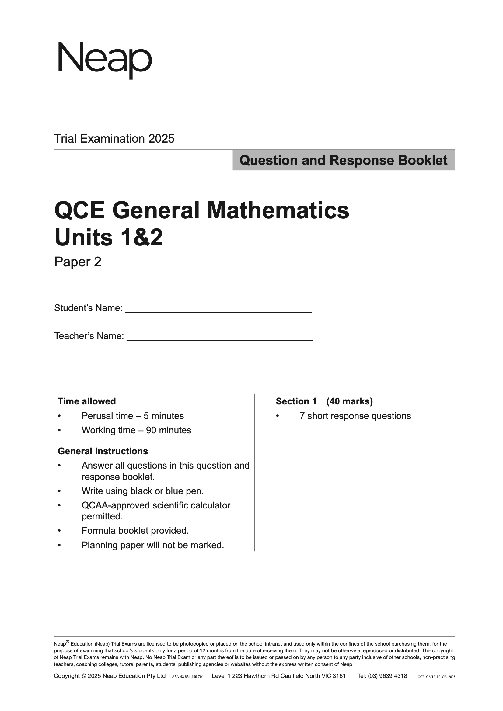 QCE General Mathematics Units 1&2 Trial Exams