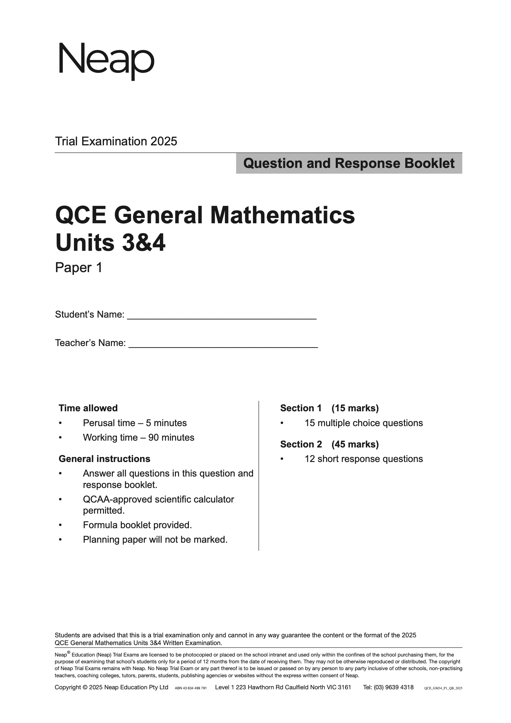 QCE General Mathematics Units 3&4 Trial Exams