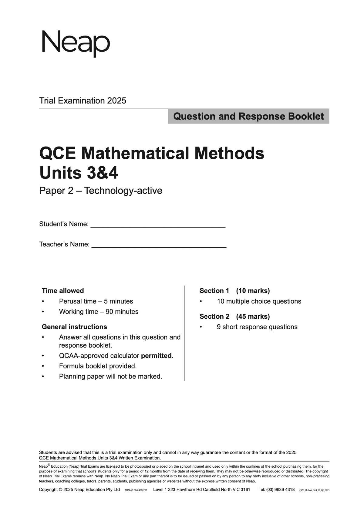 QCE Mathematical Methods Units 3&4 Trial Exam booklet by Neap, showing the 2025 Question and Response cover.