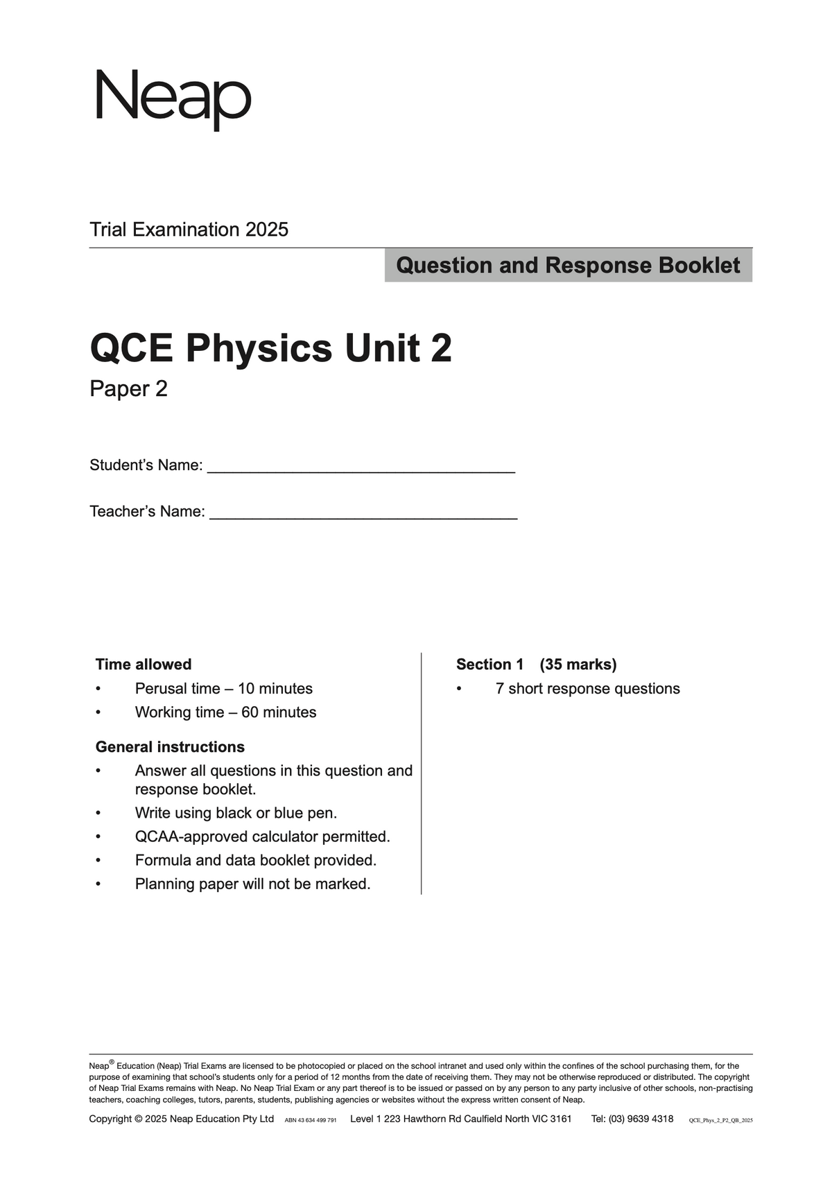 QCE Physics Unit 2 Trial Examination 2025 Question and Response Booklet by Neap, front cover with brand logo, Paper 2 title, and instructions on white paper.