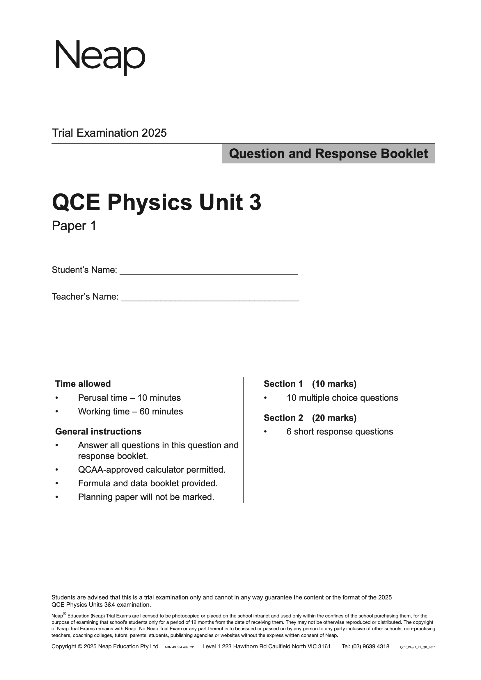 QCE Physics Units 3&4 Trial Exams