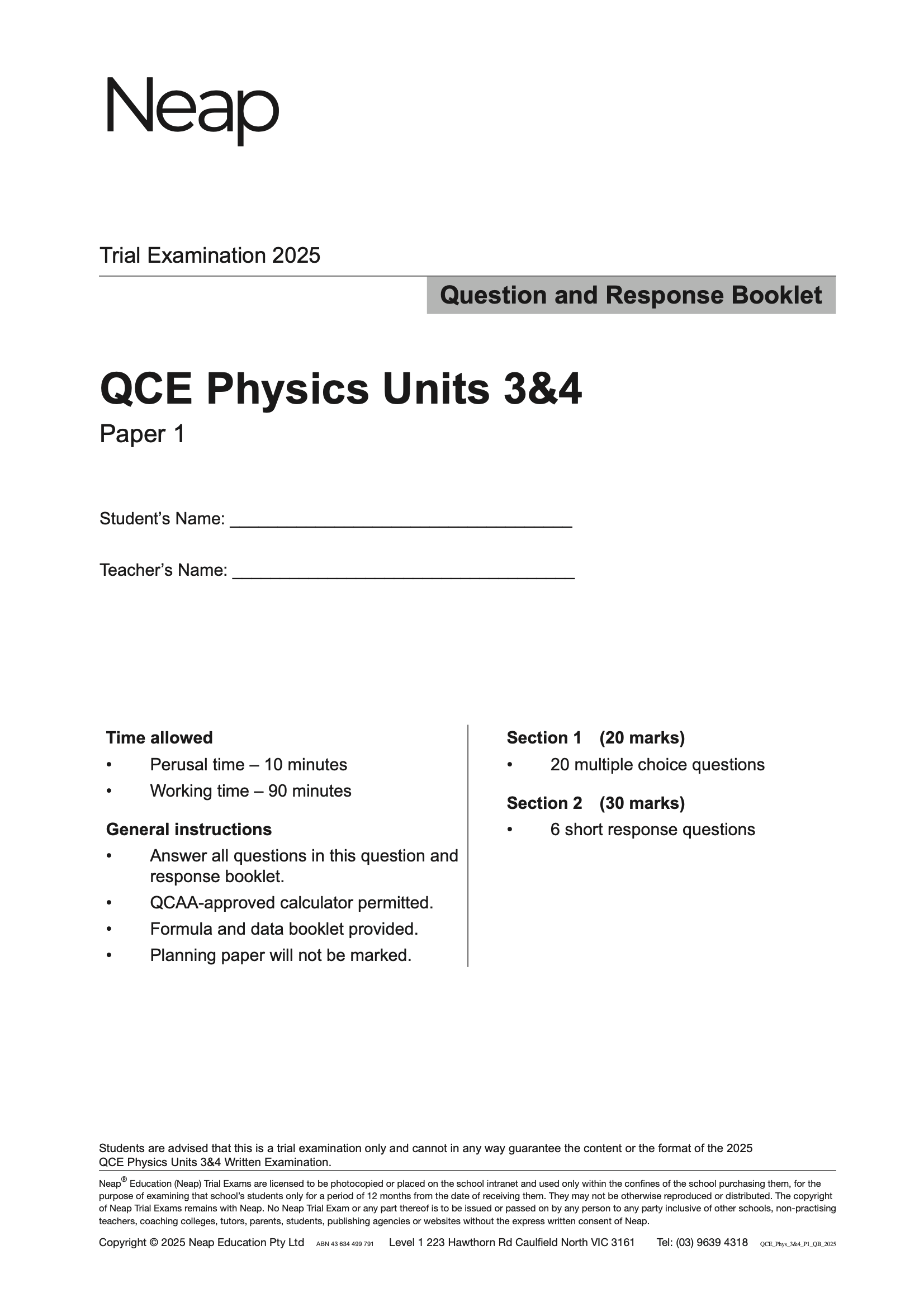 QCE Physics Units 3&4 Trial Exams