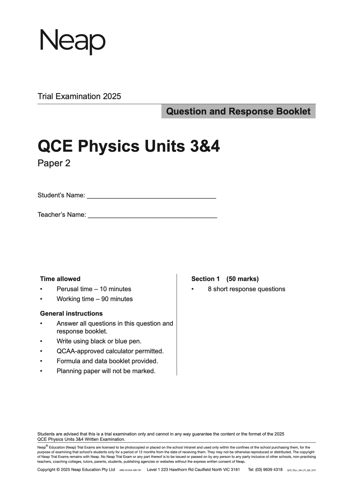 QCE Physics Units 3&4 trial exams question booklet by Neap, featuring black text on white paper with a grey header.