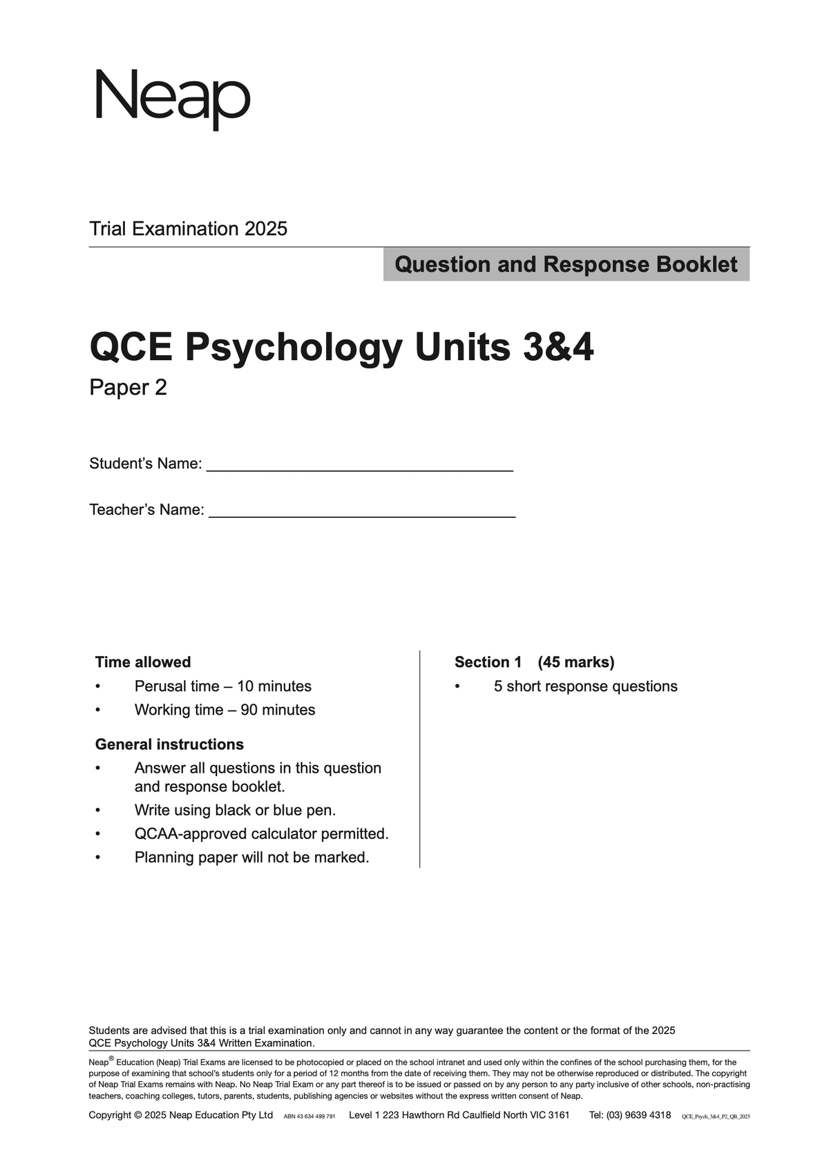 QCE Psychology Units 3&4 Trial Exams Question and Response Booklet, white with black text, by Neap, displaying key exam information.