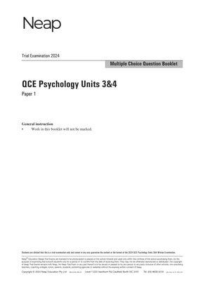 White QCE Psychology Units 3&4 Trial Examination Paper 1 by Neap, displaying "Multiple Choice Question Booklet" title.