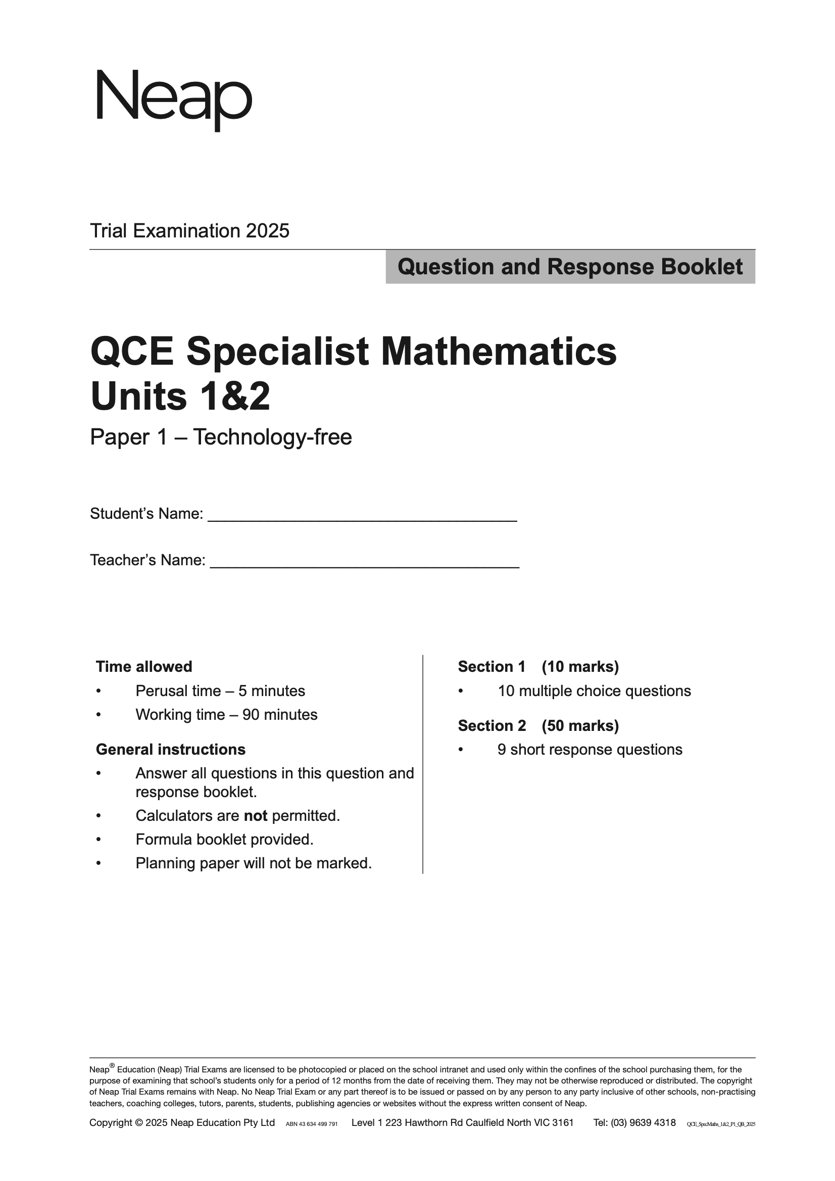 White QCE Specialist Mathematics Units 1&2 Trial Exam booklet by Neap with black text, front cover displaying 2025 exam details, time, and instructions.