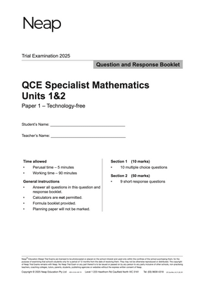 White QCE Specialist Mathematics Units 1&2 Trial Exam booklet by Neap with black text, front cover displaying 2025 exam details, time, and instructions.