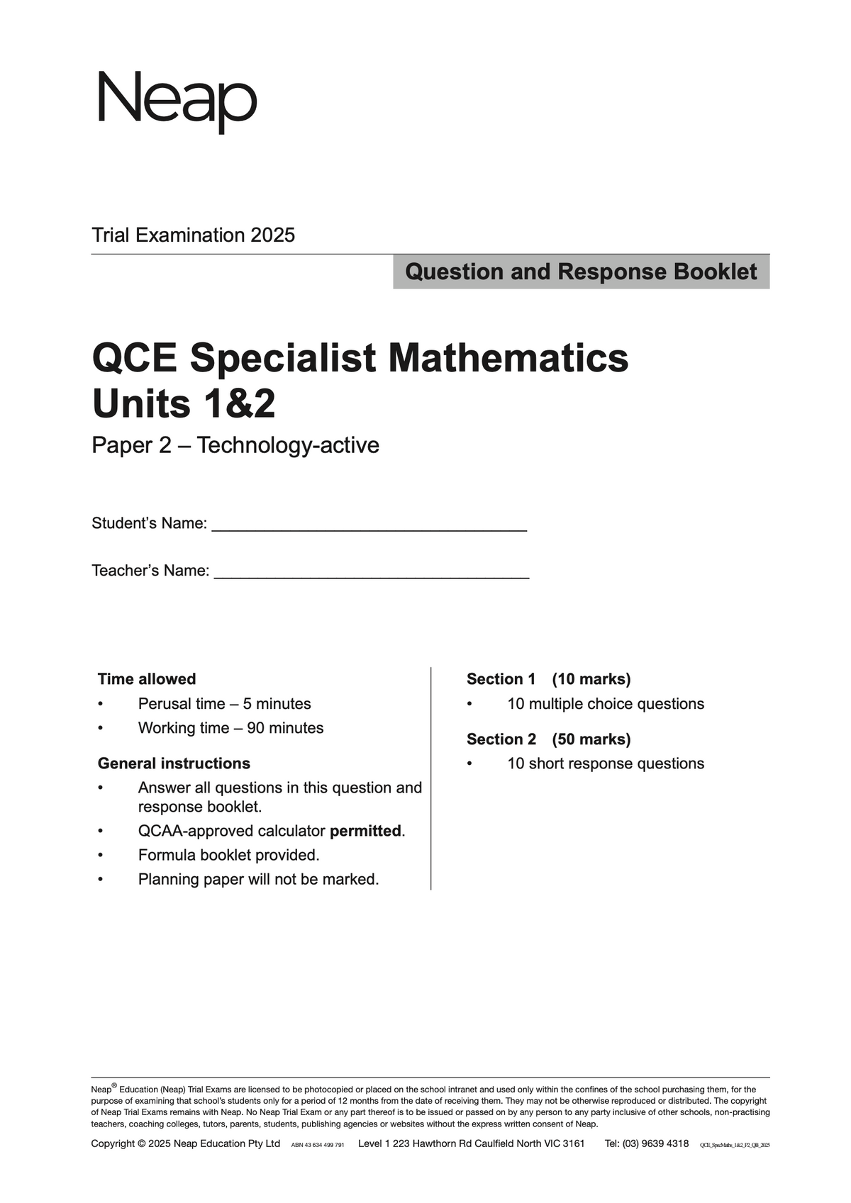 White trial exam booklet by Neap, featuring black text for QCE Specialist Mathematics Units 1&2 Trial Examination 2025 on its front cover.