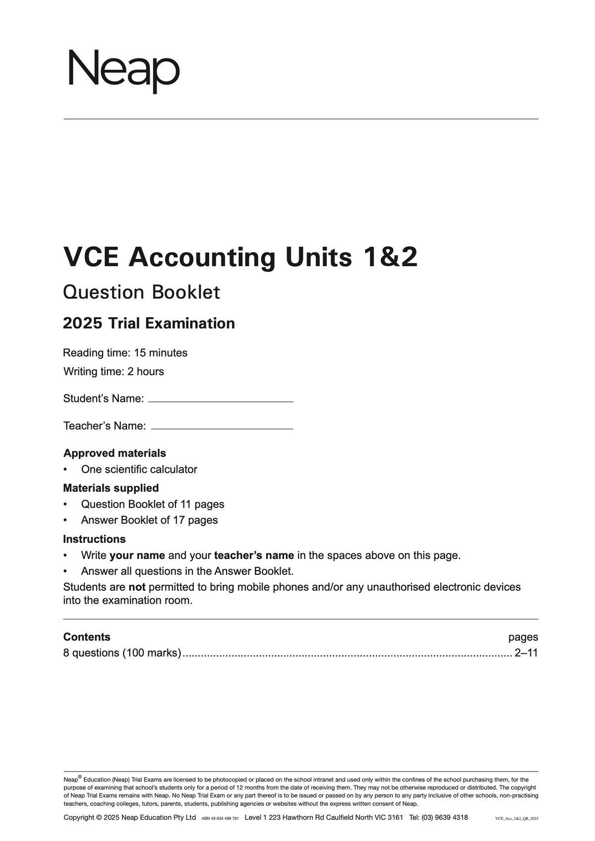VCE Accounting Units 1&2 Trial Exam Booklet by Neap, featuring 2025 trial exam details and instructions on a white page.