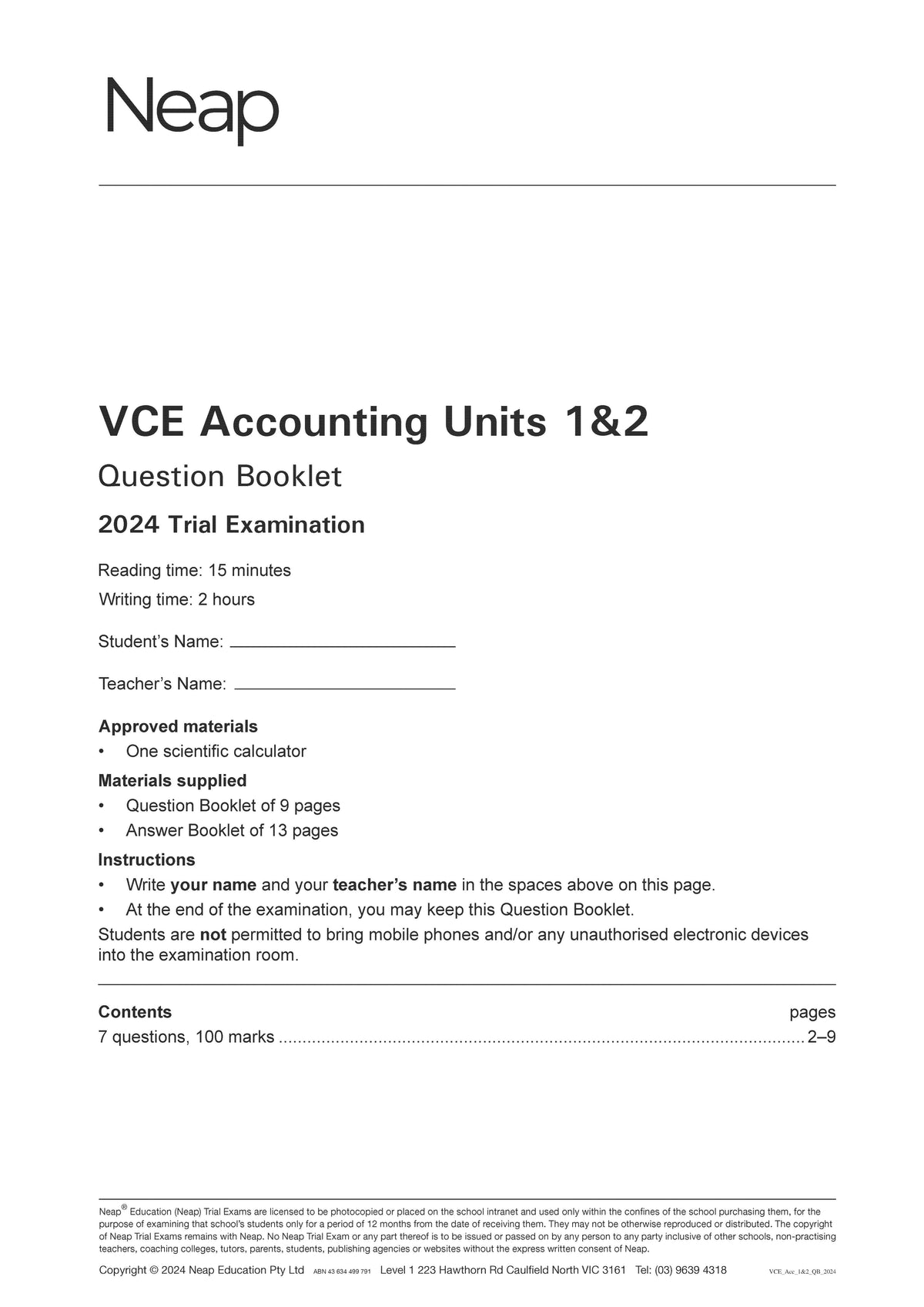 VCE Accounting Units 1&2 Trial Exams