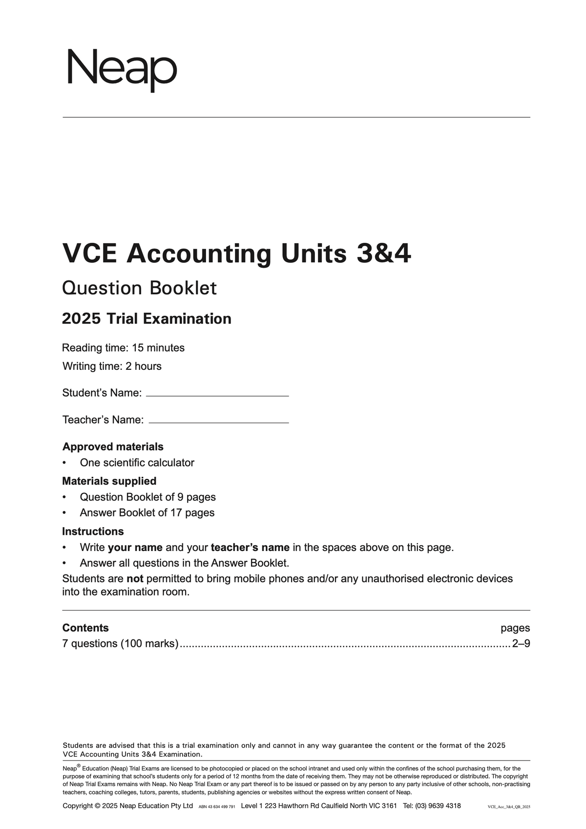 VCE Accounting Units 3&4 Trial Examination Question Booklet by Neap, a white paper document with black text.