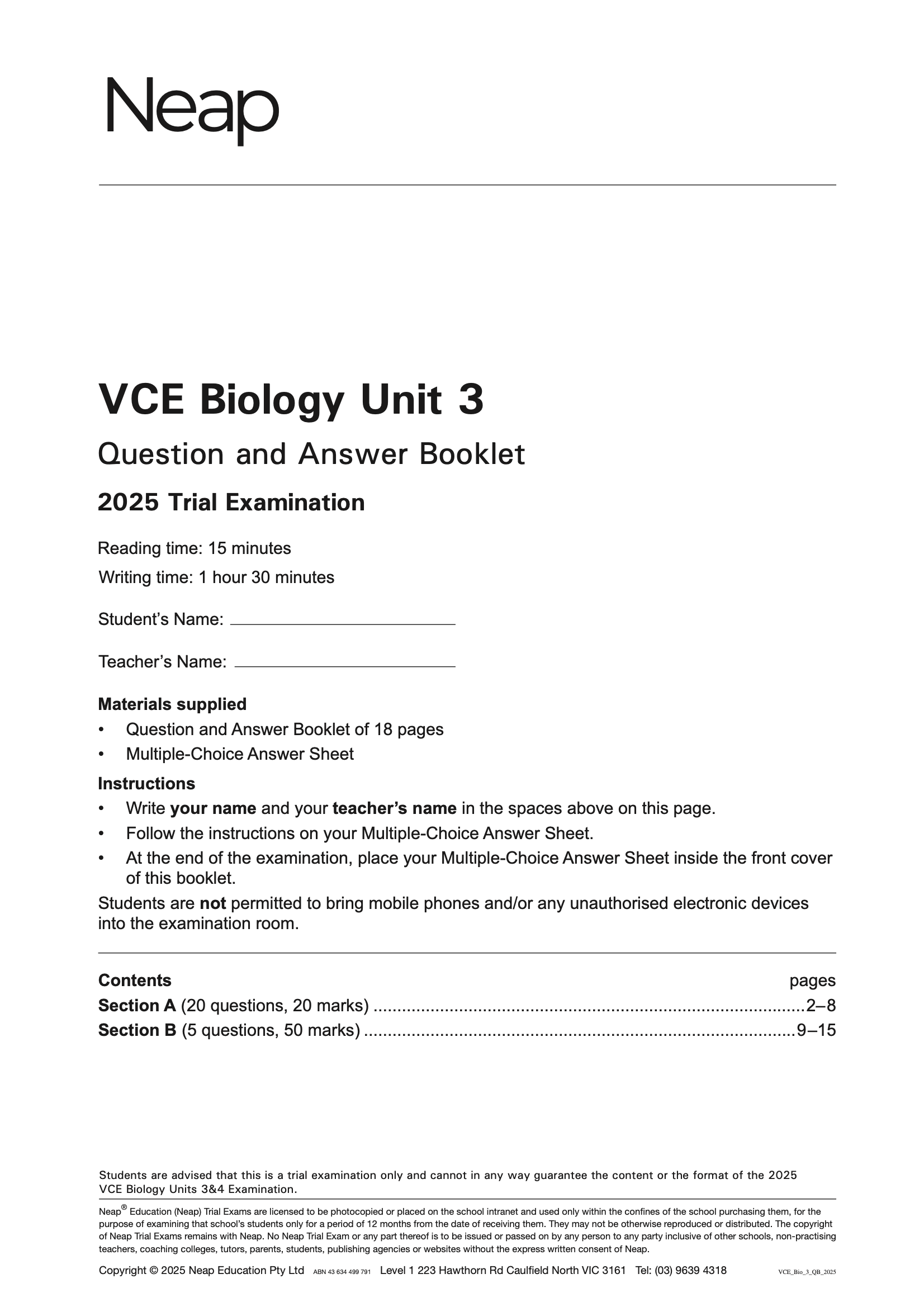 VCE Biology Units 3&4 Trial Exams
