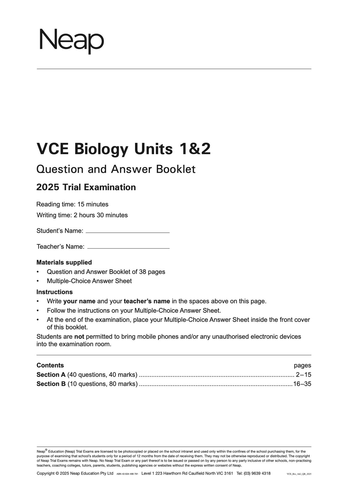 White VCE Biology Units 1&2 Trial Examination booklet by Neap, showing the front cover with black text.