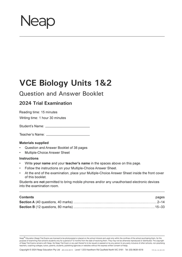 VCE Biology Units 1&2 trial exam pack from Neap, showing a 2024 Question and Answer Booklet cover.