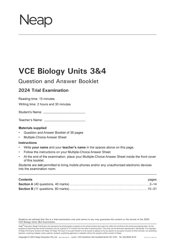White trial exam booklet for VCE Biology Units 3&4 by Neap, with '2024 Trial Examination' title on its front cover.