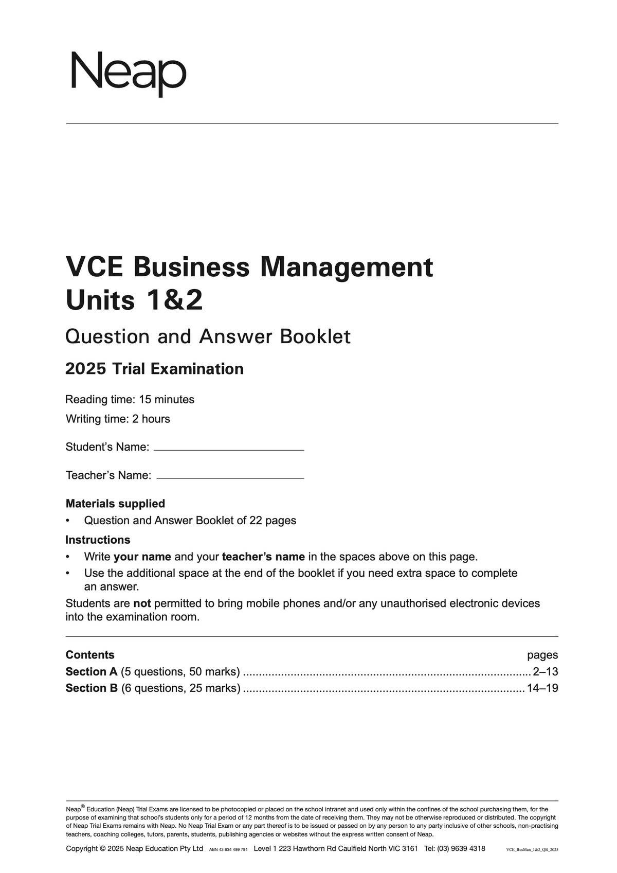 VCE Business Management Units 1&2 Question and Answer booklet for the 2025 Trial Examination by Neap, a white document with instructions and contents.