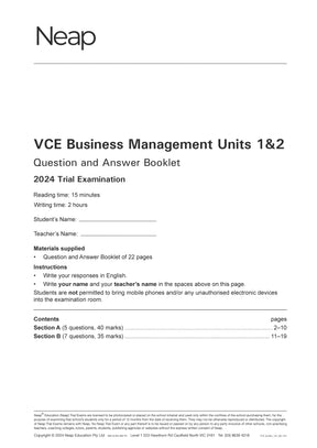White VCE Business Management Units 1&2 Trial Exam Booklet by Neap with exam details and instructions.