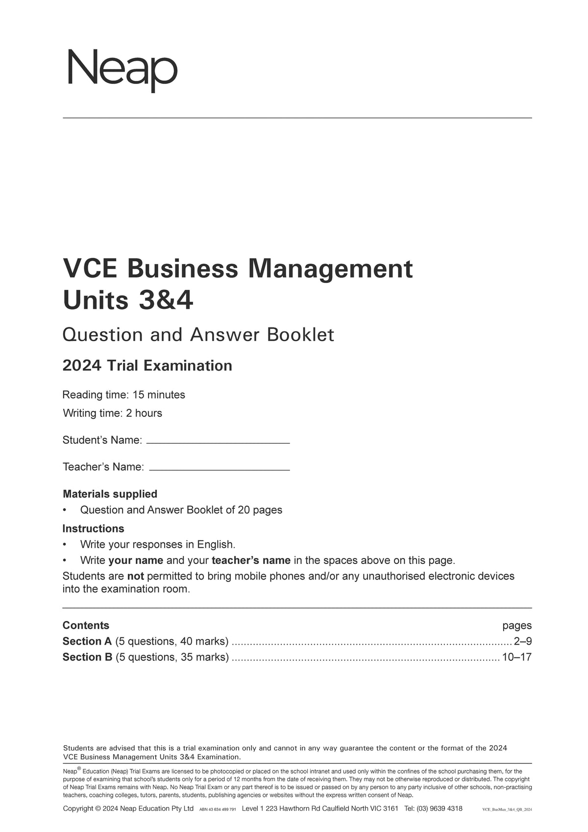 VCE Business Management Units 3&4 Trial Exams