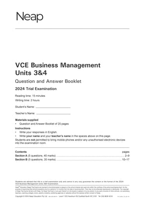 VCE Business Management Trial Examination Booklet by Neap for Units 3&4, with instructions and table of contents on a white page.