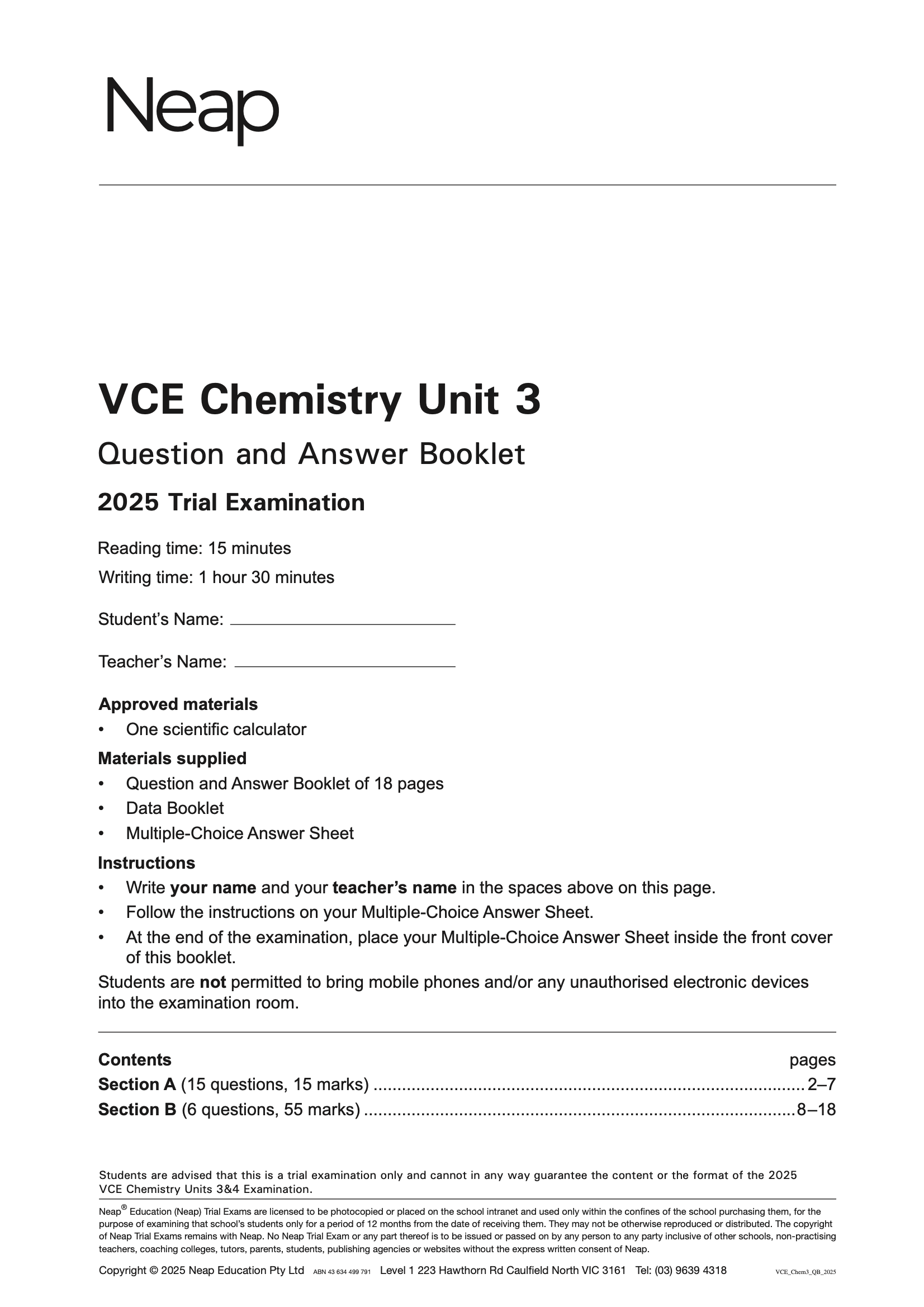 VCE Chemistry Units 3&4 Trial Exams