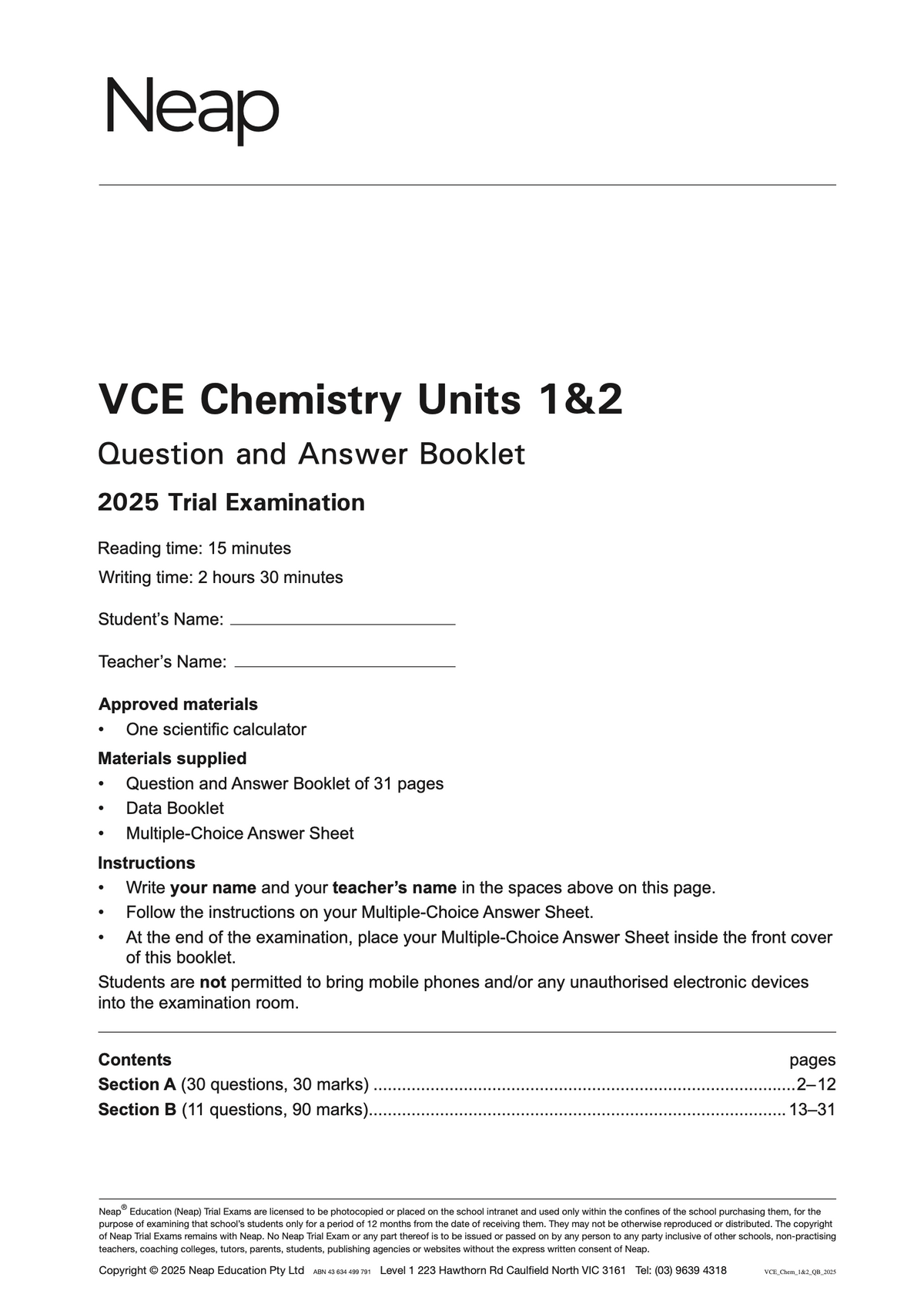 VCE Chemistry Units 1&2 Question and Answer Booklet by Neap, front cover showing exam details, instructions, and contents.