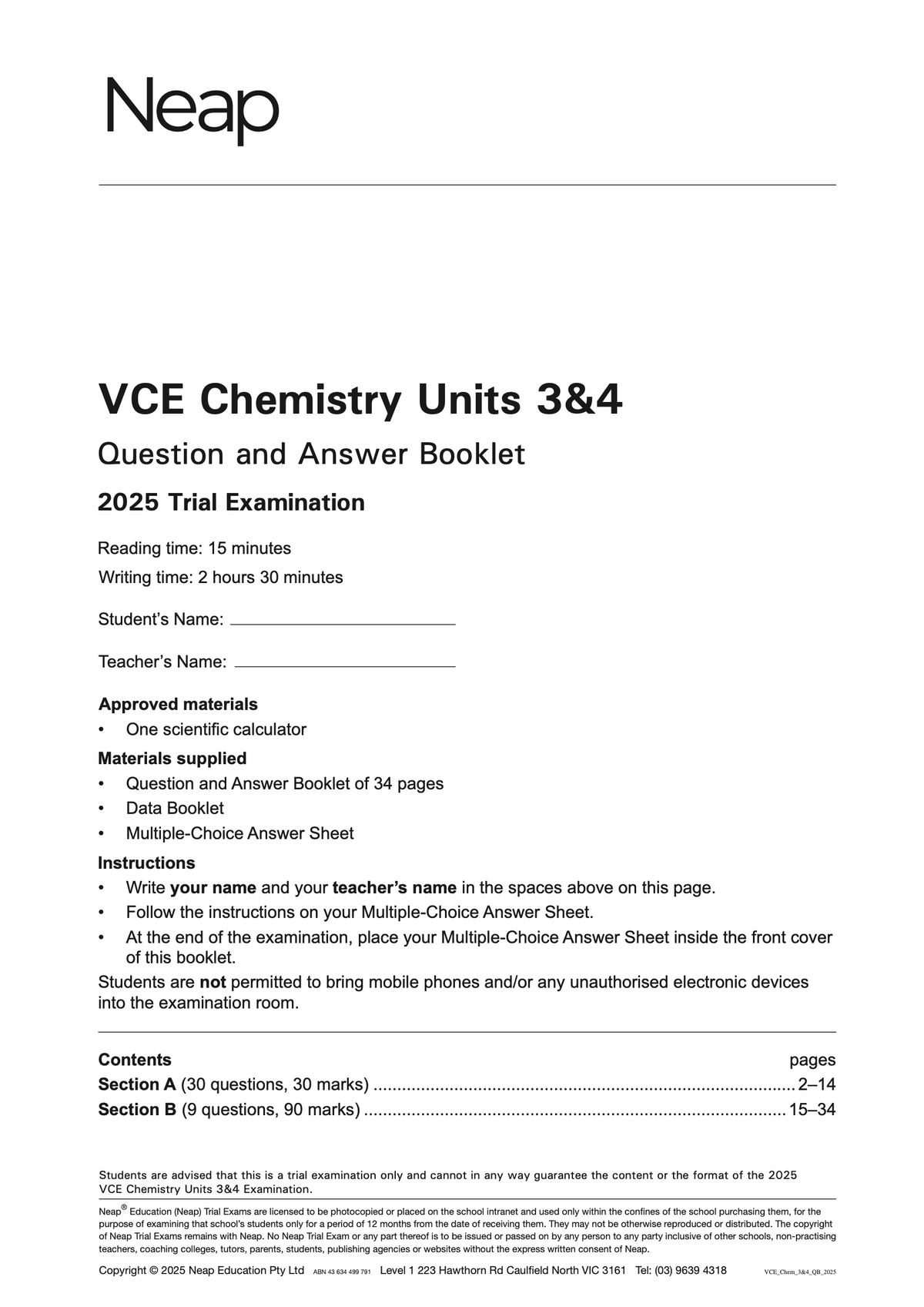 VCE Chemistry Units 3&4 Trial Examination booklet with black text on white paper, detailing exam instructions and content.