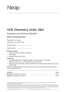 White VCE Chemistry Units 3&4 Trial Examination Question and Answer Booklet by Neap, displaying 2024 examination details on the cover.