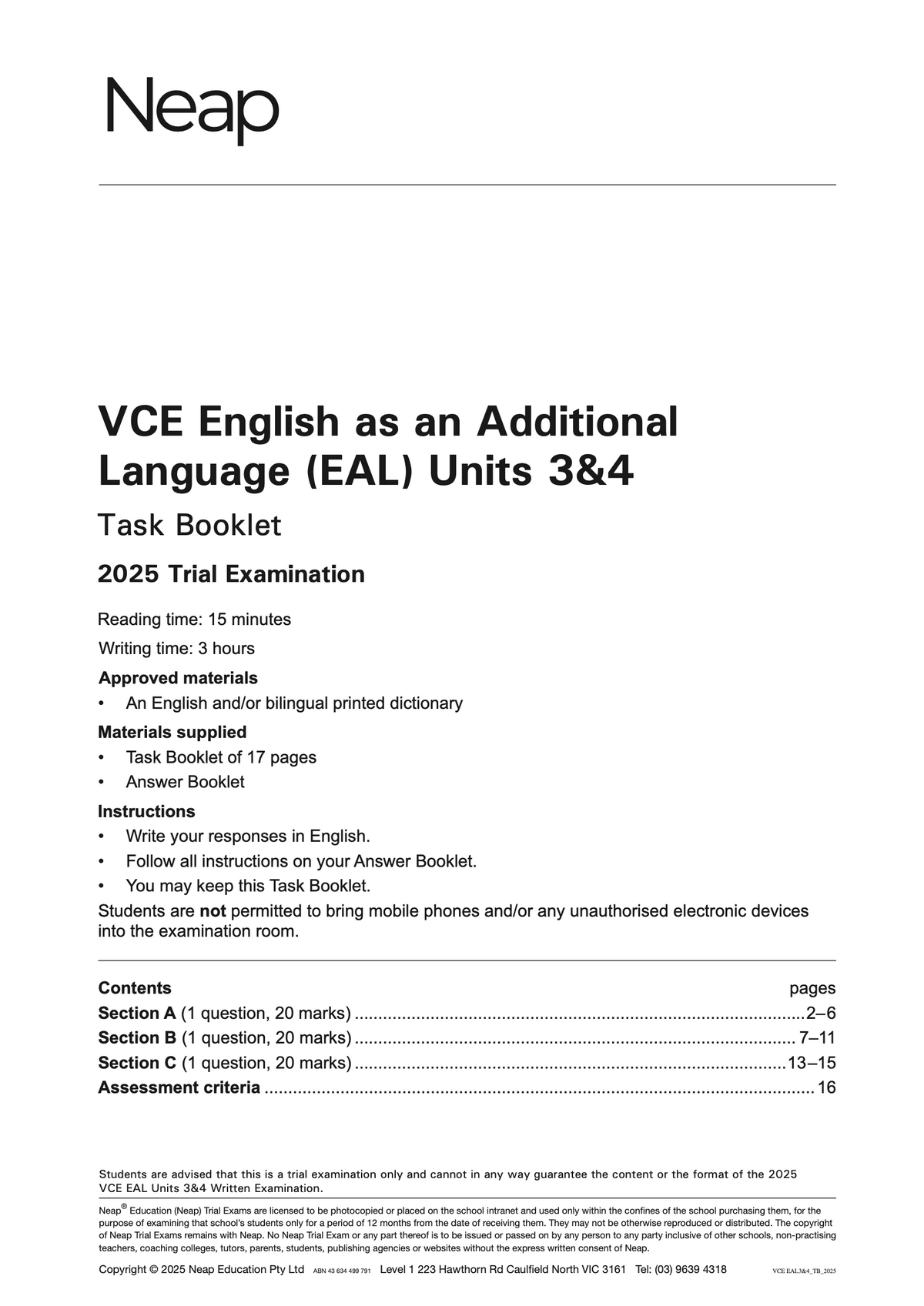 White VCE English as an Additional Language Units 3&4 Trial Examination Task Booklet by Neap, featuring the 2025 cover and content sections.