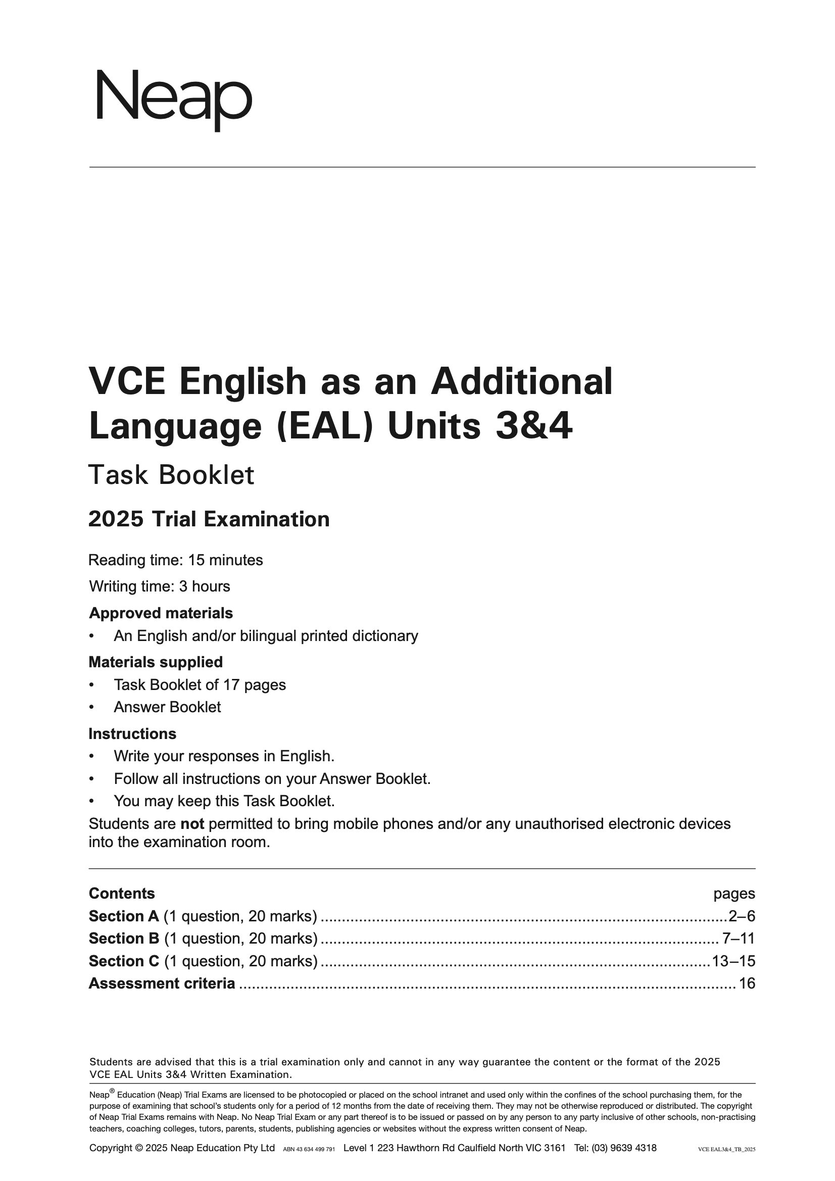 VCE English as an Additional Language Units 3&4 Trial Exams