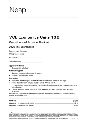 White trial exam booklet by Neap with black text, displaying 'VCE Economics Units 1&2 2025 Trial Examination' and instructions on the cover.