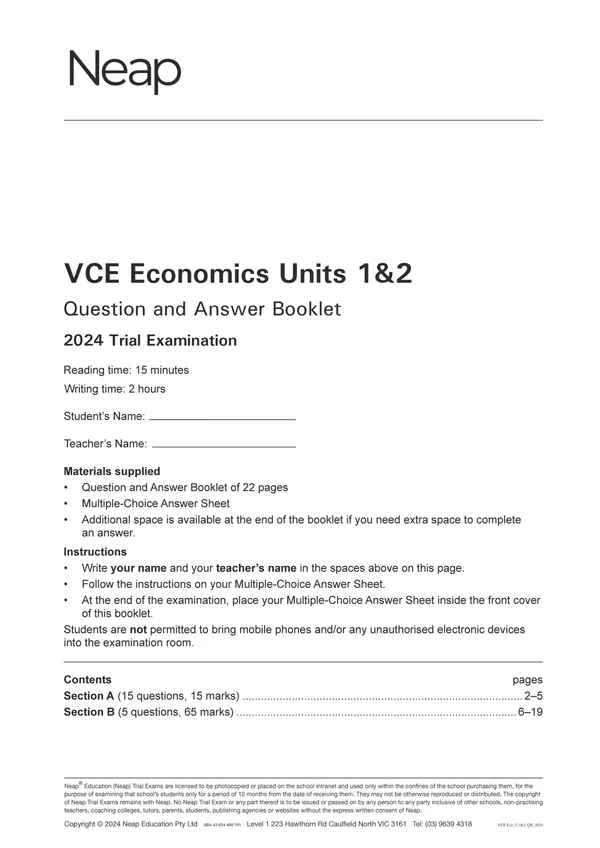 VCE Economics Units 1&2 Trial Exam booklet from Neap, with '2024 Trial Examination' and instructions on its white front cover.