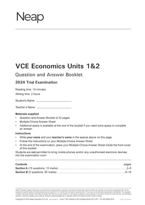 VCE Economics Units 1&2 Trial Exam booklet by Neap, featuring black text on a white cover.