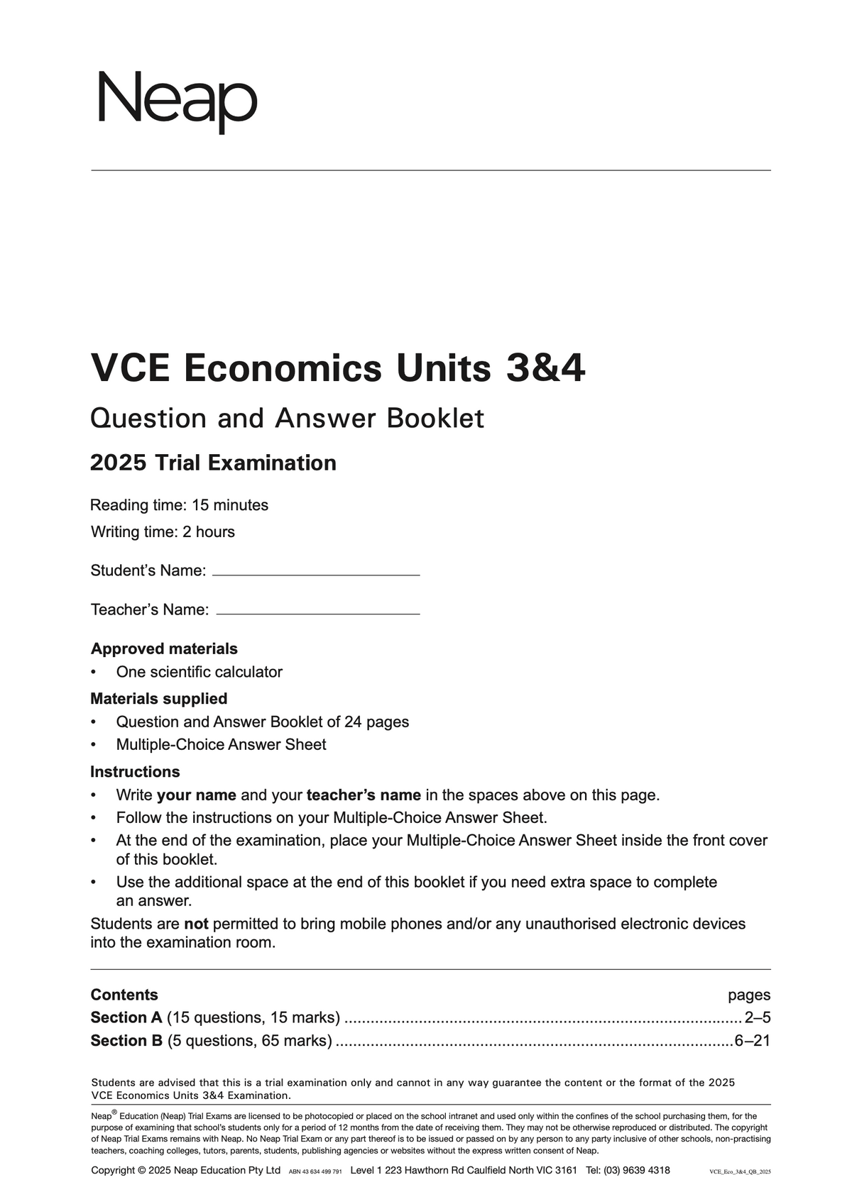 White VCE Economics Units 3&4 Question and Answer Booklet by Neap for 2025 Trial Examination, showing the front cover.