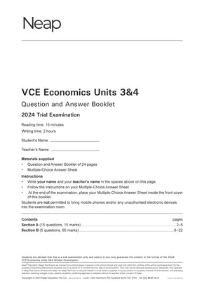 VCE Economics Units 3&4 Trial Examination Question and Answer Booklet by Neap, showing student details, instructions, and contents on a white page.