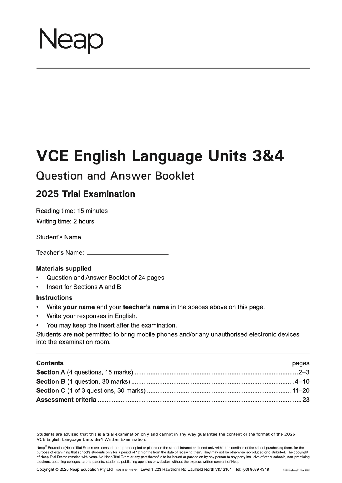VCE English Language Units 3&4 Trial Examination booklet by Neap, with a white cover page displaying black text and exam information.