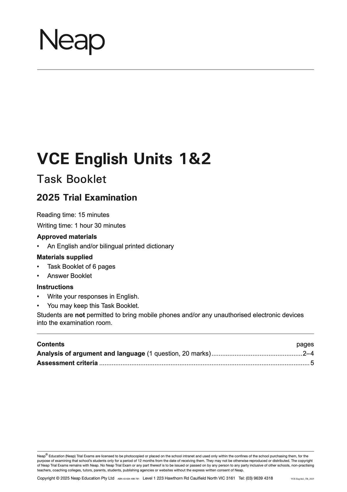 VCE English Units 1&2 Task Booklet by Neap, white cover showing 2025 trial examination details and instructions.