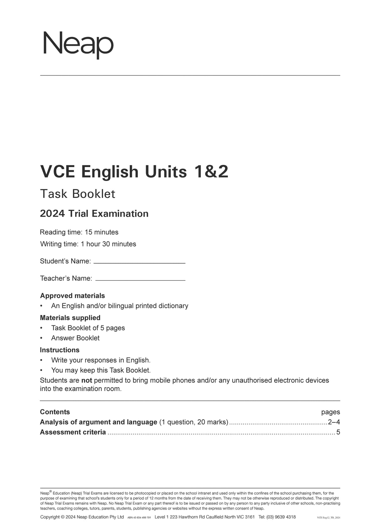 VCE English Units 1&2 Trial Exams