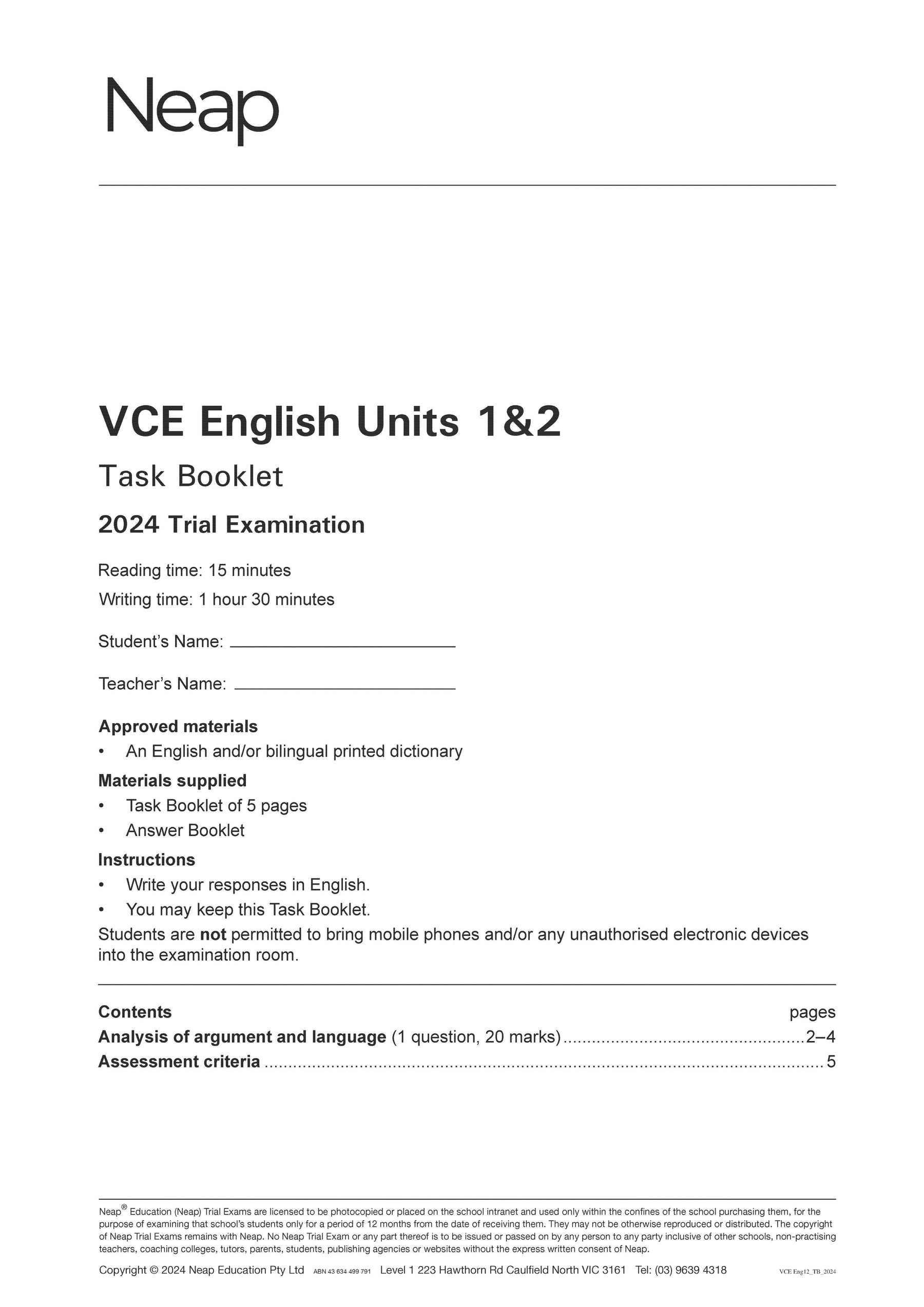 VCE English Units 1&2 Trial Exams