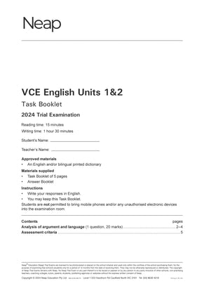 White Task Booklet for VCE English Units 1&2 Trial Exams by Neap, with 2024 Trial Examination details and instructions printed on the cover.
