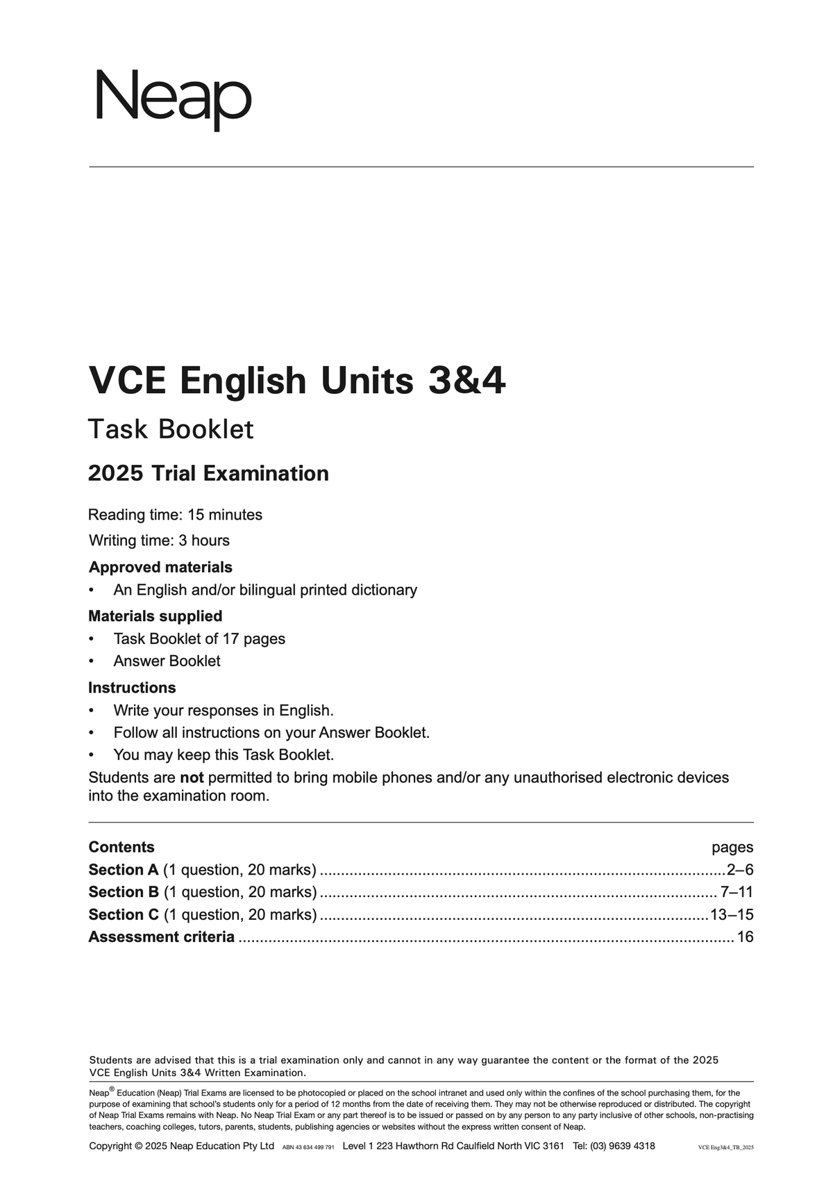 VCE English Units 3&4 Trial Exam Task Booklet by Neap, showing the title, instructions, and contents on a white page.