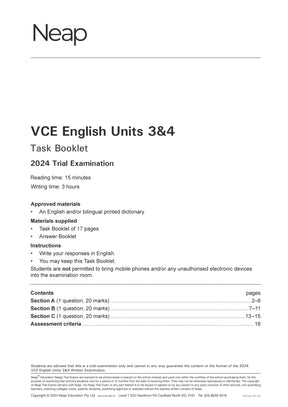 White 2024 VCE English Units 3&4 Trial Examination Task Booklet by Neap, listing instructions and contents.