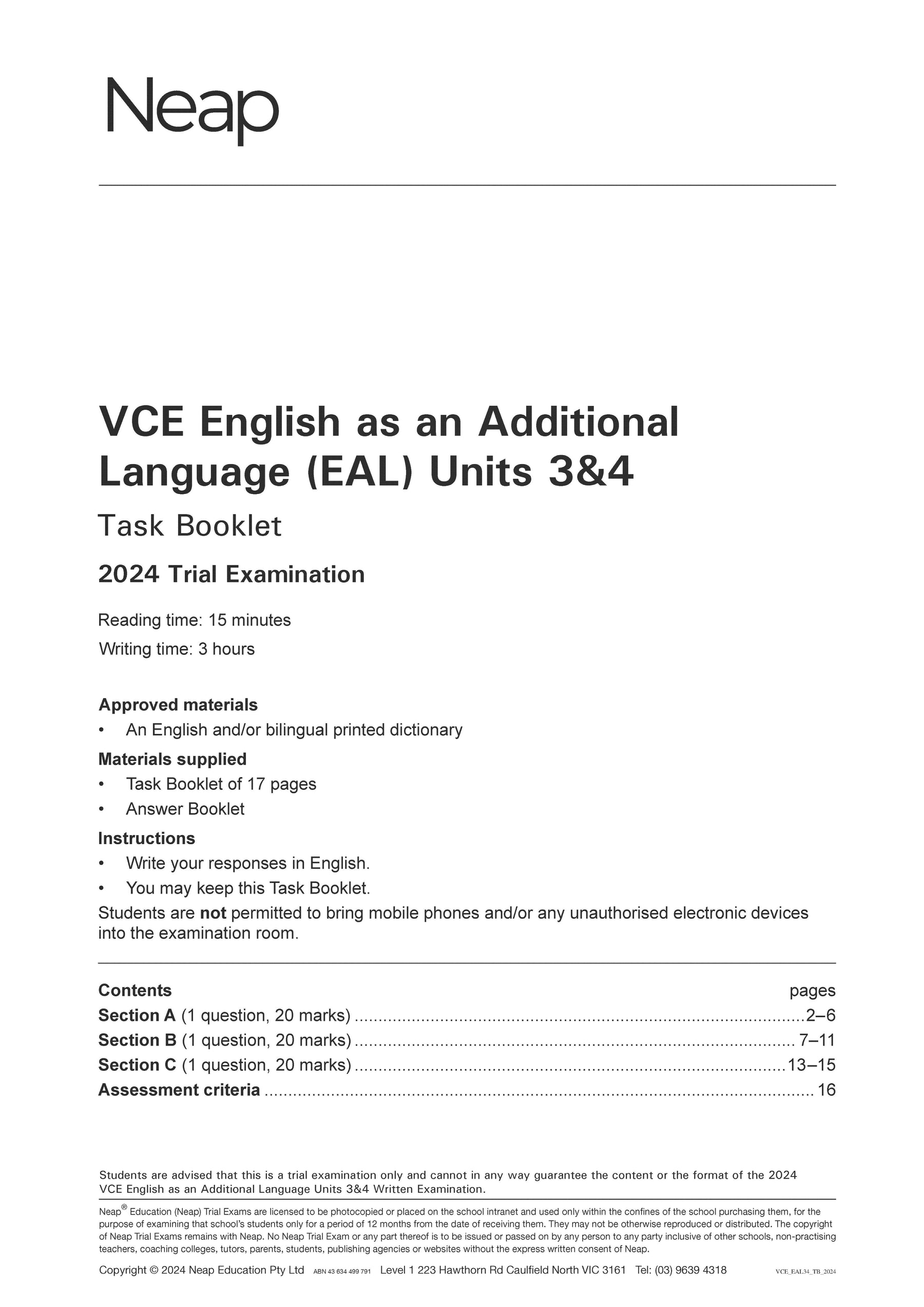 VCE English as an Additional Language Units 3&4 Trial Exams