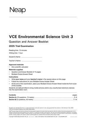 VCE Environmental Science Units 3&4 Trial Exams question and answer booklet cover showing Neap logo and examination details.
