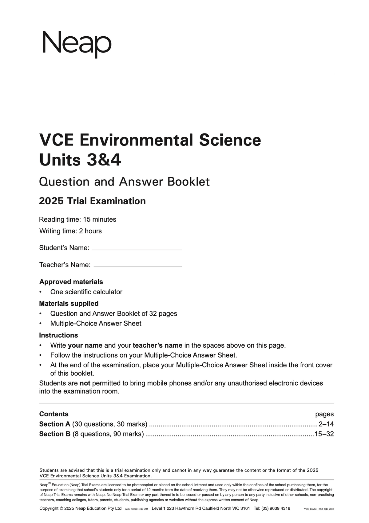 VCE Environmental Science Units 3&4 Trial Examination booklet by Neap, featuring the title 'Question and Answer Booklet 2025 Trial Examination'.