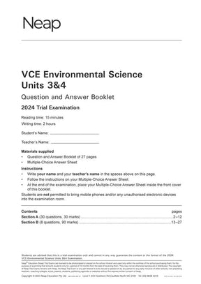 White front cover of a question and answer booklet by Neap, titled 'VCE Environmental Science Units 3&4 2024 Trial Examination'.